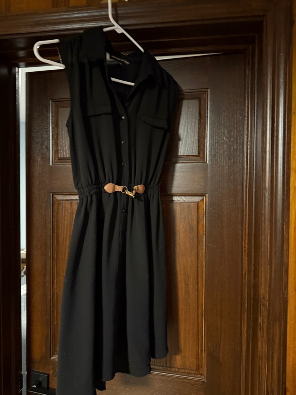 Black Sleeveless Shirt Mini Dress with Tan Buckle Belt
